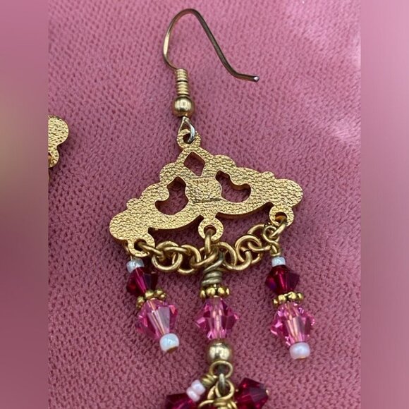 Pink Swarovski Beaded Chandelier Earrings with Gold-tone Victorian Design - Picture 9 of 11